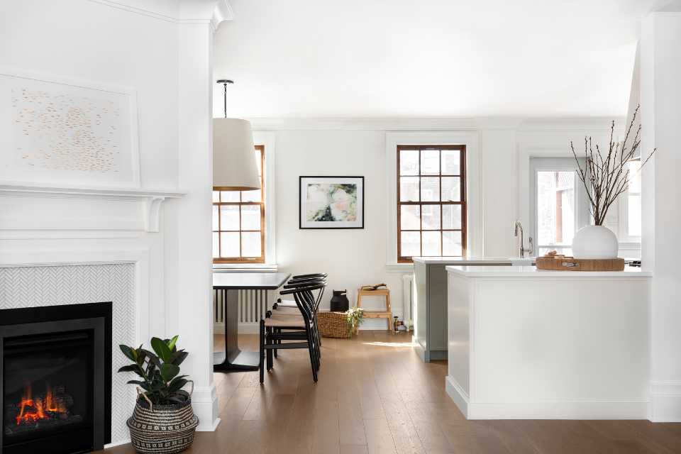 hardwood flooring in open concept designer living and kitchen space